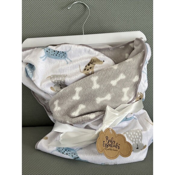 Baby Essentials Reversible Blanket Puppy Dog Bone Blue Gray Tan 2 Ply Minky Soft - Picture 1 of 6